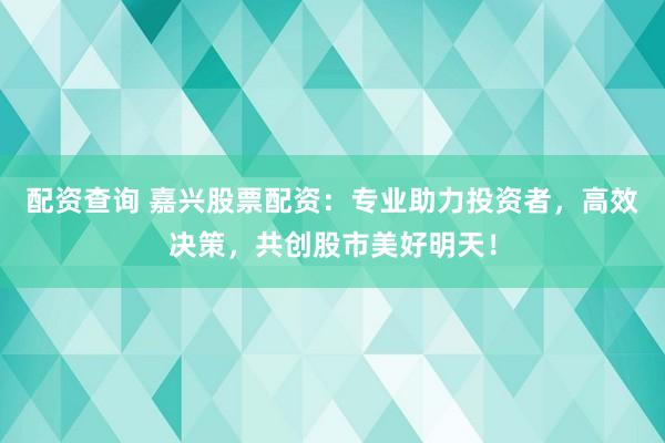配资查询 嘉兴股票配资：专业助力投资者，高效决策，共创股市美好明天！